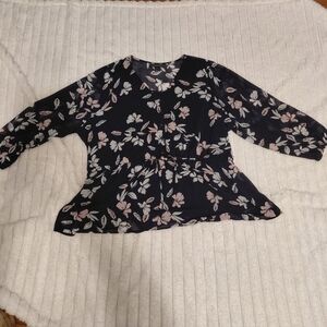 Navy Blue Floral Plus Size Blouse 3/4 Sleeve Lined Lane Bryant